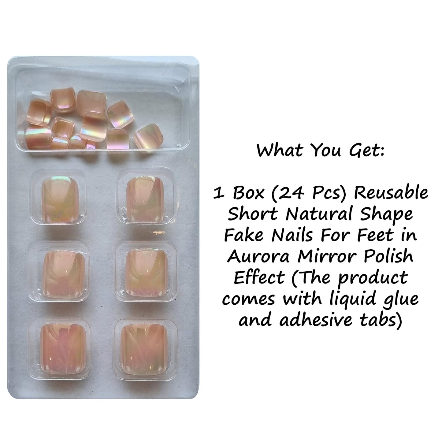 S.A.V.I 24 Pcs Aurora Mirror Effect Fake Toe Nails | Reusable Short Square Pedicure Nail Tips with Adhesive Tabs & Glue | Shiny Iridescent Pink Press On Nail Art Set for Women & Girls