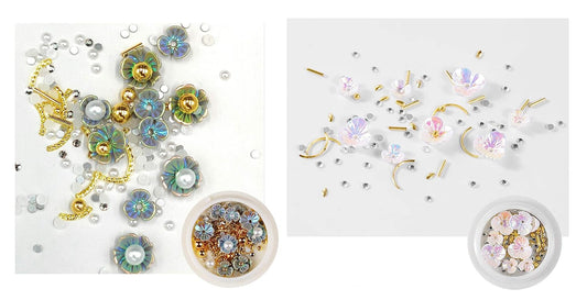 S.A.V.I (Set of 2) Nail Art Set Rivet Rhinestone Resin Decoration Shell Flower Big AB White Pearls Golden Beads Blueish Color