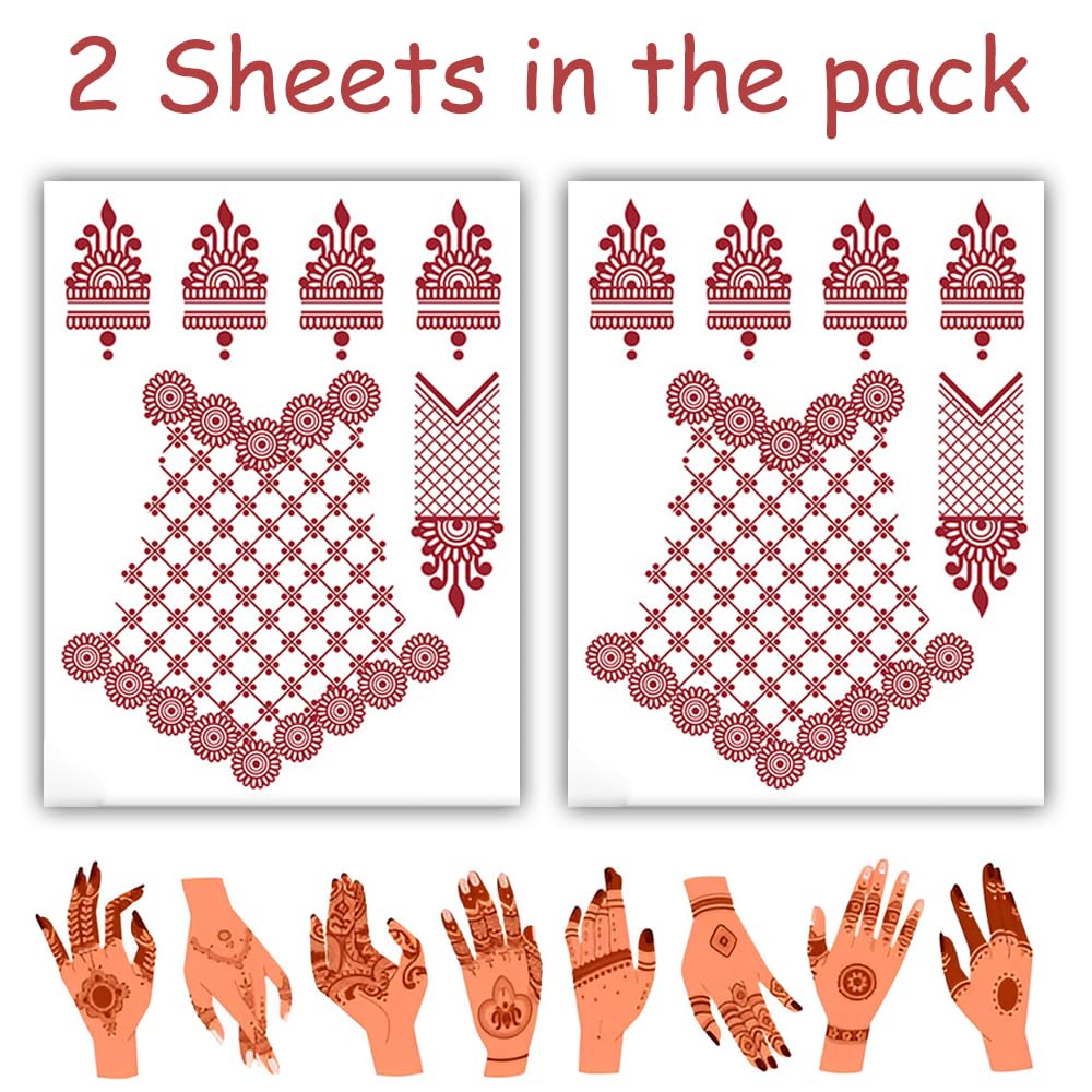 S.A.V.I 2 Sheets - Red Mehndi Style Temporary Tattoo Stickers for Women & Girls (16x12cm) | Floral Net Design | Waterproof, Safe, Non-Toxic Body Art for Hands – Easy to Apply & Remove (#59)