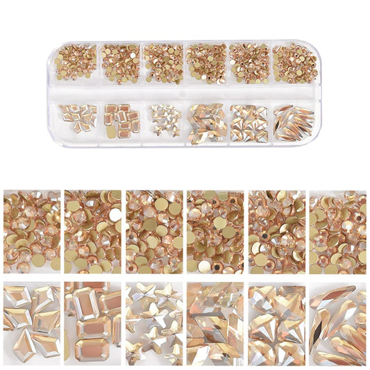 S.A.V.I 12 Grid Nail Art Mix Shapes Rhinestones Decorations AB Champagne Color Flat Bottom Palette