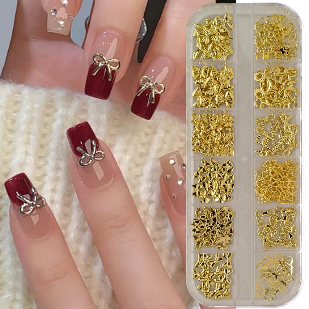 S.A.V.I Gold Alloy Bow Nail Art Decorations – 3D Metal Nail Charms (Box 30 g) 12 Stylish Designs for DIY Nail Extensions & Manicure – Nail Accessories for Women & Girls
