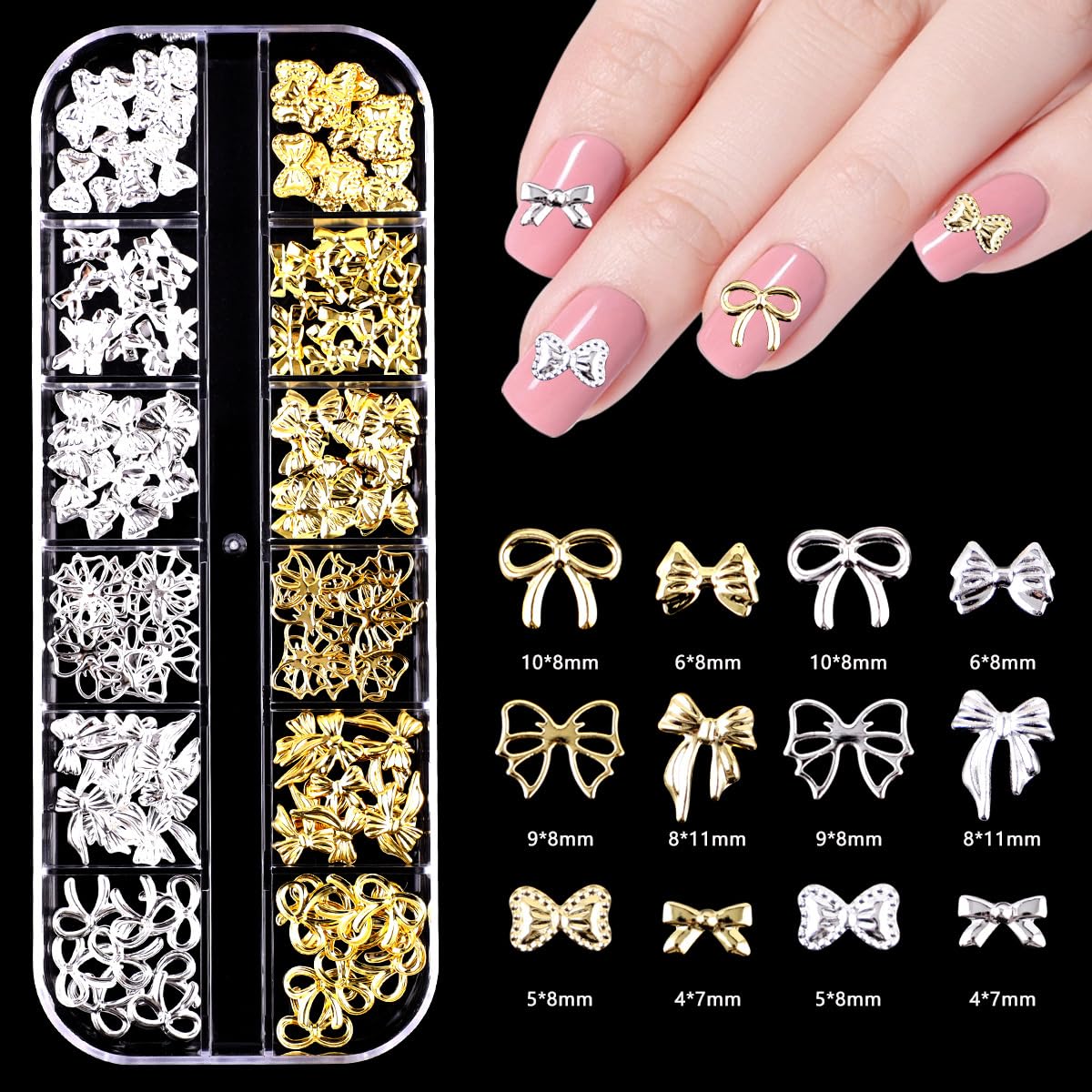 S.A.V.I Bow Nail Art Charms Set – 3D Gold & Silver Metal Bows for Nails | 12 Unique Styles | Nail Accessories for DIY Nail Art, Acrylic, Gel Manicure | 130mm Box, 30g Kit