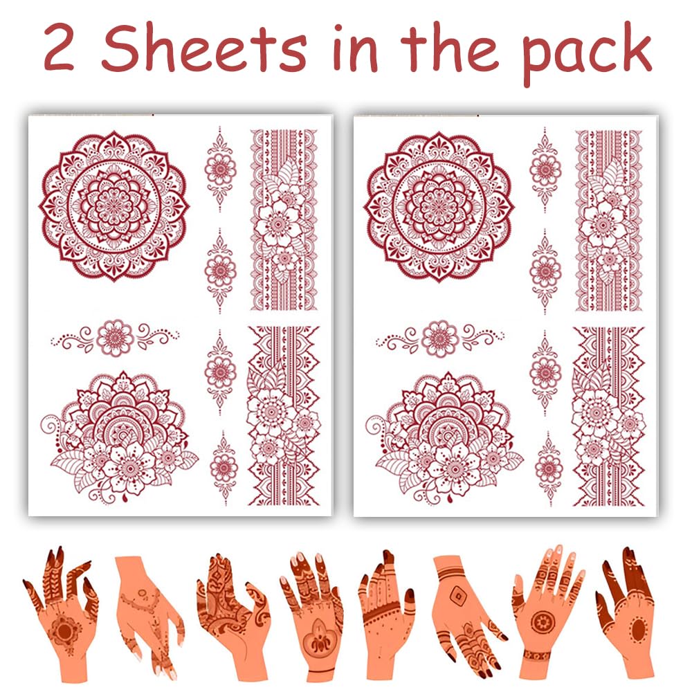 S.A.V.I 2 Sheets - Temporary Mehndi Tattoo Stickers for Hands (16x12 cm) | Red Henna Style | Waterproof, Non-Toxic | Mandala & Floral Design for Women & Girls | Festival & Bridal Use (#43)