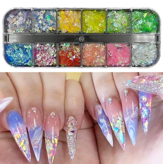 S.A.V.I Nail Art Palette, 12 Colors Aurora Irregular Nail Flakes
