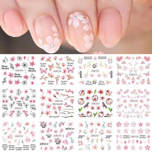 S.A.V.I 12 Sheets Cherry Blossom Nail Art Decals | Floral  Butterfly Design Stickers | Easy-to-Use, Long-Lasting DIY Manicure | Salon Quality Nail Accessories for All