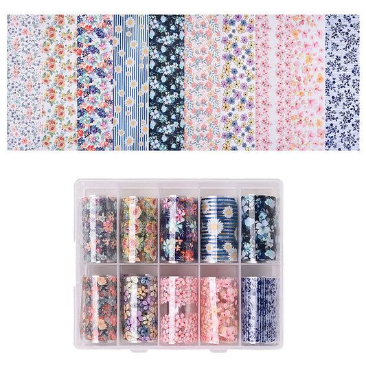 S.A.V.I 10 Rolls Nail Foil Transfer Sticker DIY Holographic Nail Decoration, 10 Designs Colorful Flowers Pattern Nail Foil Wraps