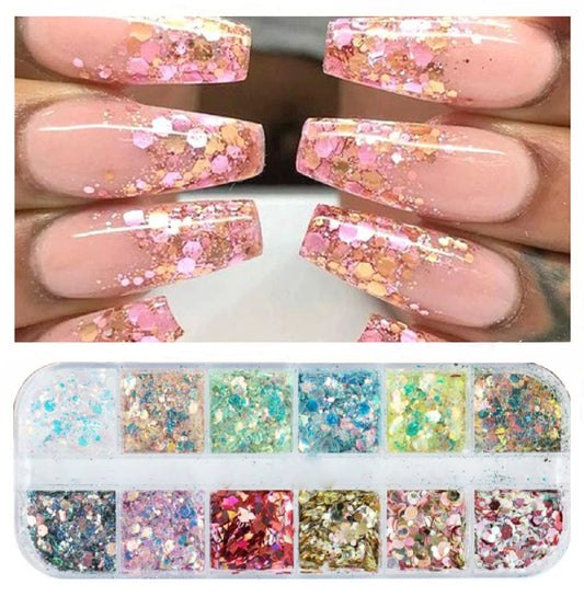 S.A.V.I 12 Grids Different Colors Mixed Sizes Sequins, Nail Art