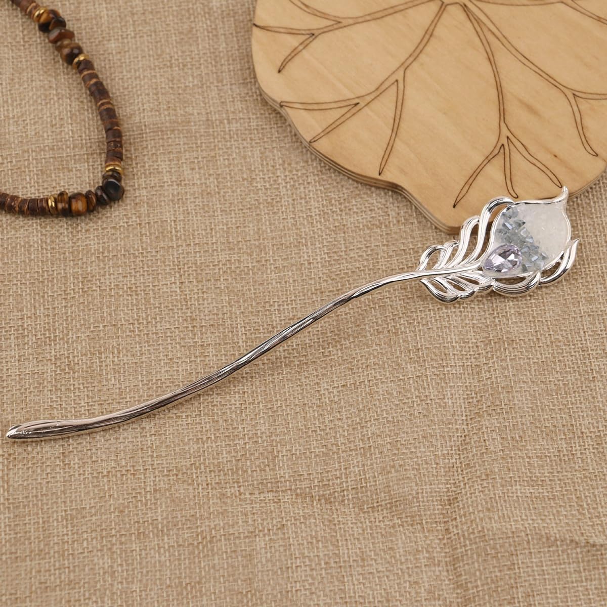 S.A.V.I Silver Peacock Feather Hair Stick for Women | Elegant 16cm Long Hair Pin with Crystal Detailing | Traditional Bun Holder & Party Hair Accessory (1 Pc, 2.7cm Width)