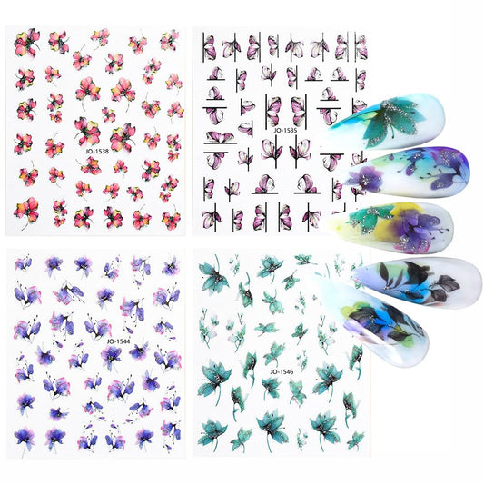 S.A.V.I 4 Sheets 3D Self-Adhesive Nail Art Stickers for Women – Floral & Butterfly Designs, Multicolor, Long Stiletto Shape, Premium PVC, DIY Manicure & Salon Nail Decoration