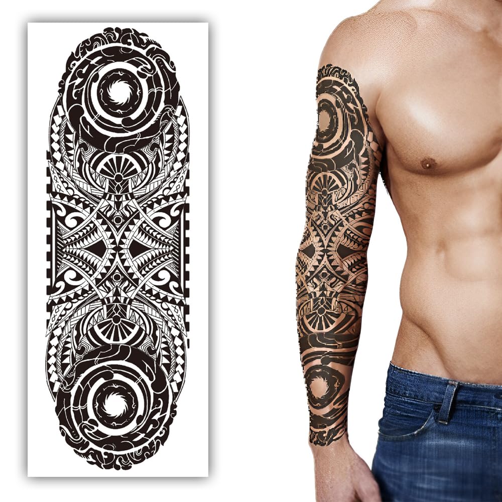 S.A.V.I Full Arm Temporary Tattoo for Men – Large 48x17 cm Black Tribal Design – Waterproof, Long-Lasting, Safe & Non-Toxic – Easy to Apply & Remove – Body Art for Party, Events, Photoshoot
