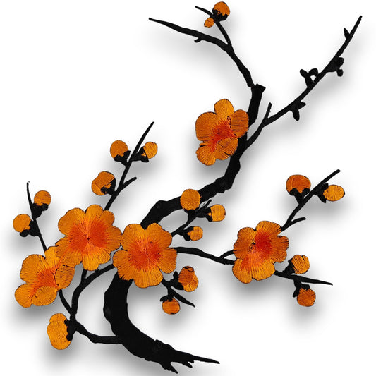 S.A.V.I 3D Yellow-Orange Cherry Blossom Embroidered Iron-On Patch for Clothes, Bags & Jackets | Floral Applique 7x6.1 inch | Pre-Glued Heat Press DIY Craft Decoration – Tree Branch Design