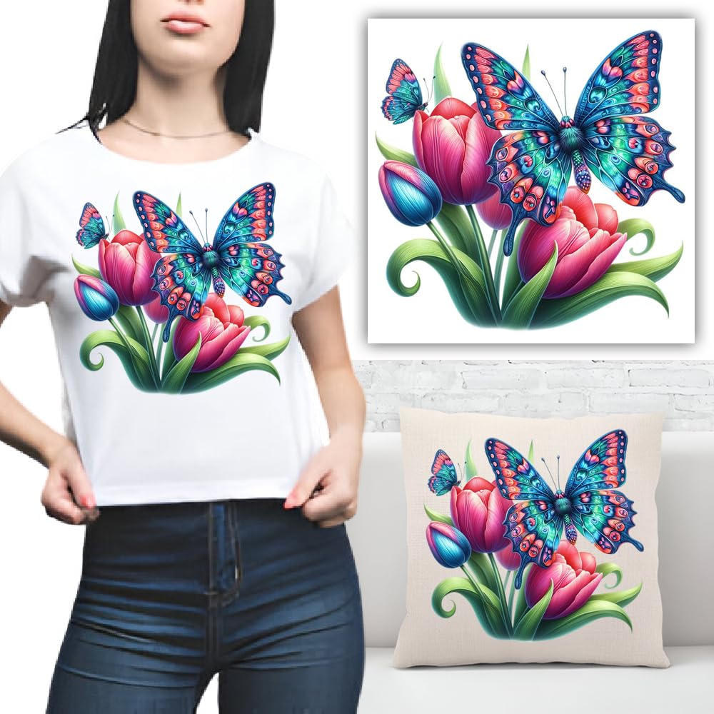 S.A.V.I Vibrant Butterfly  Tulip Iron-On Heat Transfer Patch | 8.5x7.5 Inch Washable Applique for DIY T-Shirts, Hoodies, Pillows, Clothing, Backpacks  Home Décor | No-Steam Easy Application