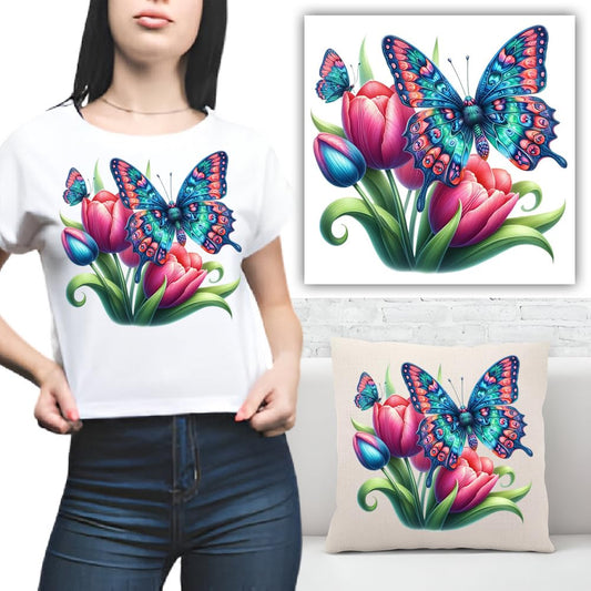 S.A.V.I Vibrant Butterfly  Tulip Iron-On Heat Transfer Patch | 8.5x7.5 Inch Washable Applique for DIY T-Shirts, Hoodies, Pillows, Clothing, Backpacks  Home Décor | No-Steam Easy Application