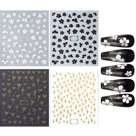 S.A.V.I 3D Self-Adhesive Nail Art Stickers – 4 Sheets Gold Bow, Star & Floral Designs – Long-Lasting Peel & Stick Decals for Women, DIY Manicure, Acrylic & Gel Nail Decoration, Easy to Apply