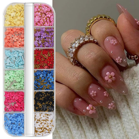 S.A.V.I 3D Multicolor Flower Nail Art Charms with Gold  Silver Beads – 12 Colors, 2 Sizes (3mm  6mm) | DIY Nail Decoration Kit for Acrylic, Press-On  Manicure | Floral Nail Accessories for Women