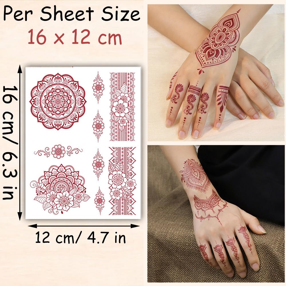 S.A.V.I 2 Sheets - Temporary Mehndi Tattoo Stickers for Hands (16x12 cm) | Red Henna Style | Waterproof, Non-Toxic | Mandala & Floral Design for Women & Girls | Festival & Bridal Use (#43)