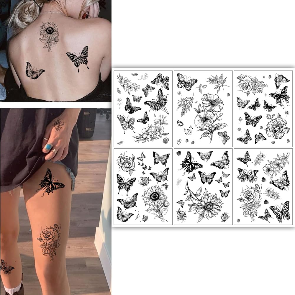 S.A.V.I 6 Pcs Butterfly  Floral Temporary Tattoo Sheets for Women - Black Waterproof Long-Lasting Body Art - Stylish Tattoo Stickers for Arms, Legs, Back - Easy to Apply  Remove - Trendy for All Occasions