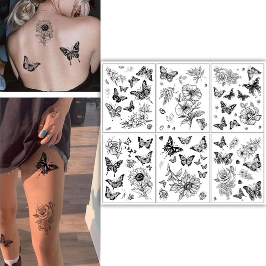 S.A.V.I 6 Pcs Butterfly  Floral Temporary Tattoo Sheets for Women - Black Waterproof Long-Lasting Body Art - Stylish Tattoo Stickers for Arms, Legs, Back - Easy to Apply  Remove - Trendy for All Occasions