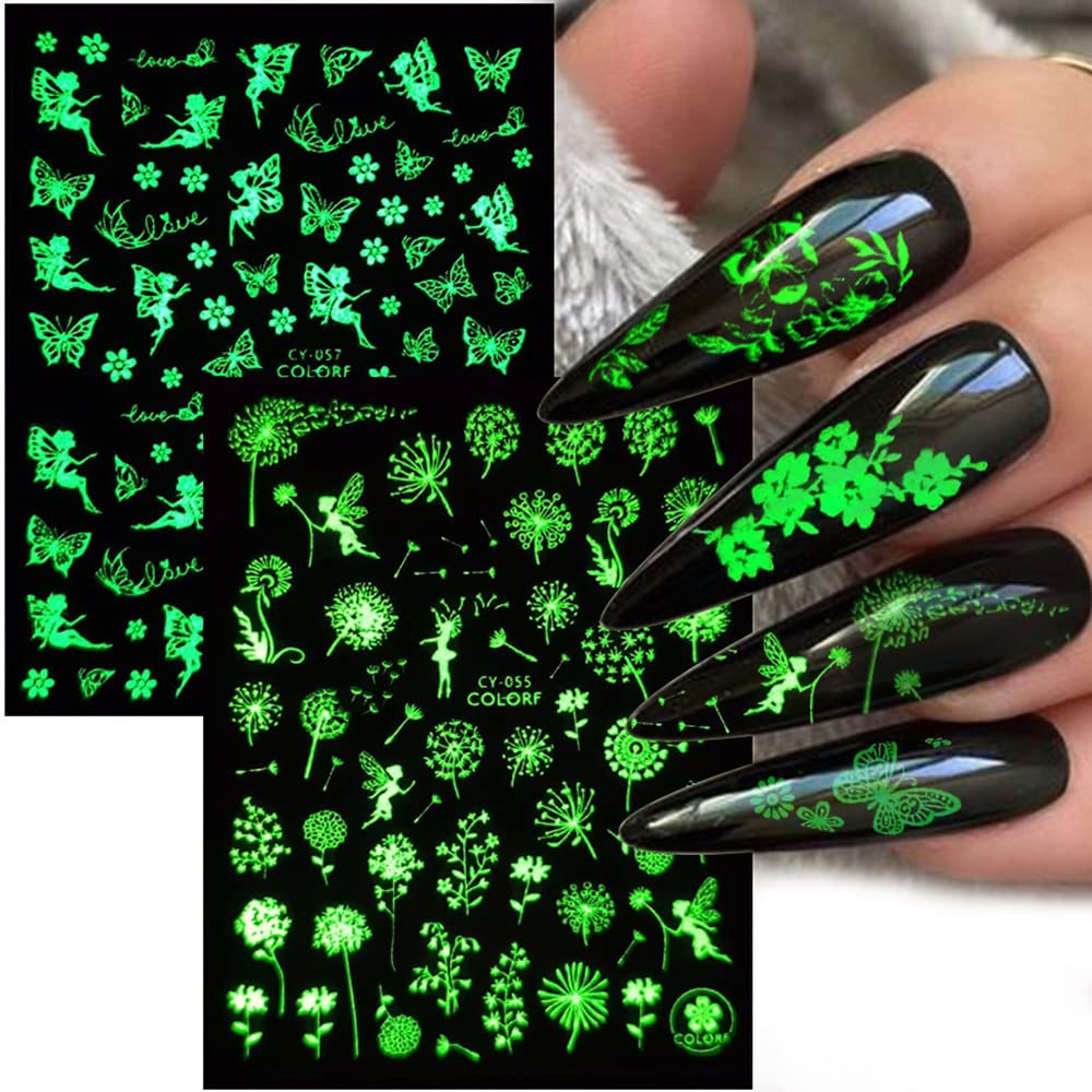 S.A.V.I 9 Sheets Set Luminous Glow in The Dark Dandelion Butterfly Flower Fairy Self-Adhesive Nail Art Stickers