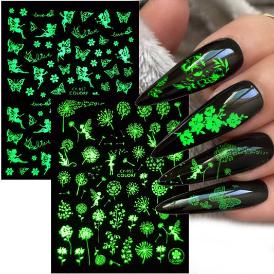 S.A.V.I 9 Sheets Set Luminous Glow in The Dark Dandelion Butterfly Flower Fairy Self-Adhesive Nail Art Stickers