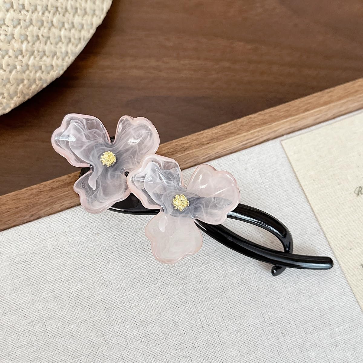 S.A.V.I Trending Pink Flower Hair Clip for Women & Girls | Elegant 12.7 cm Long Black Plastic Hairpin with Dual Resin Floral Design | Durable Grip Stylish Hair Accessory for Party, Wedding, Daily