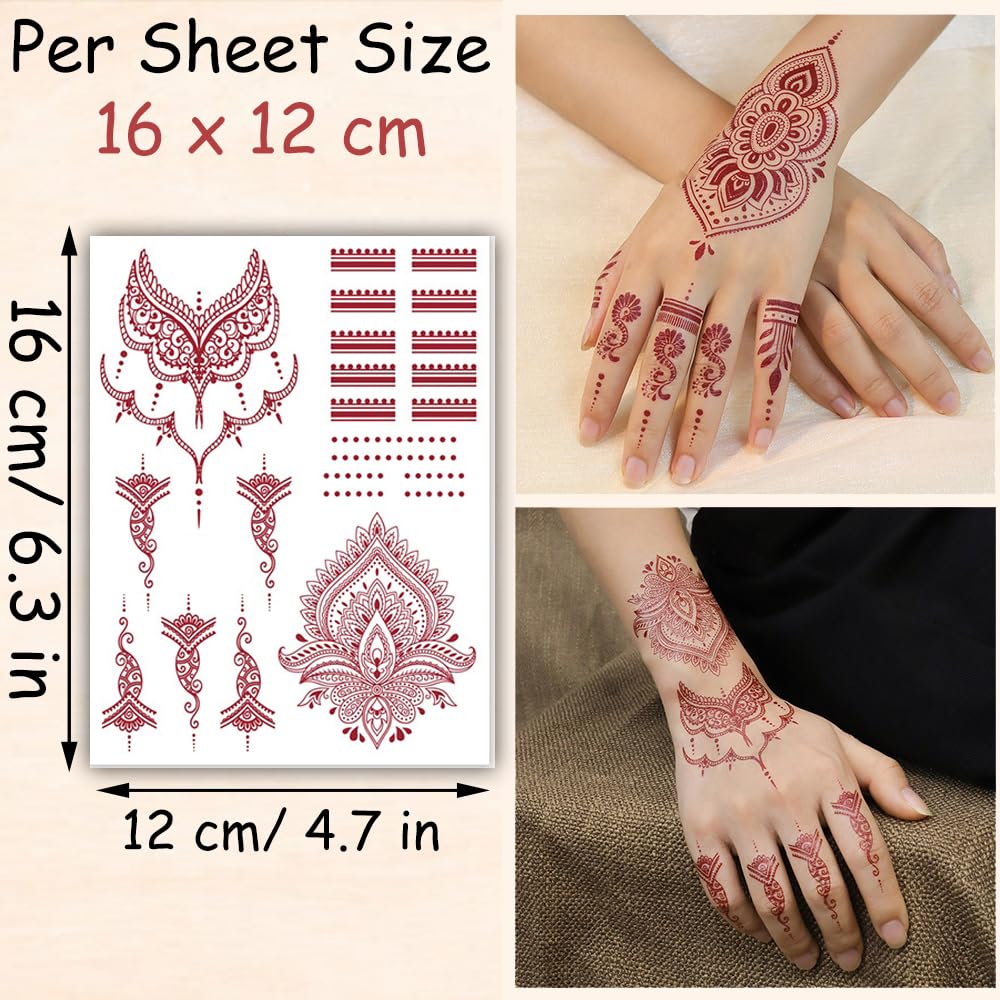 S.A.V.I 2 Sheets - Temporary Mehndi Tattoo Stickers for Hands (16x12 cm) | Red Henna Style | Waterproof, Non-Toxic | Mandala & Floral Design for Women & Girls | Festival & Bridal Use (#46)