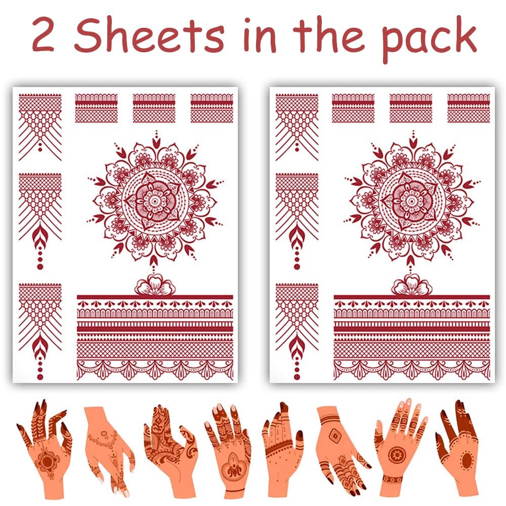 S.A.V.I 2 Sheets - Red Mehndi Style Temporary Tattoo Stickers for Women & Girls (16x12cm) | Floral Net Design | Waterproof, Safe, Non-Toxic Body Art for Hands – Easy to Apply & Remove (#62)