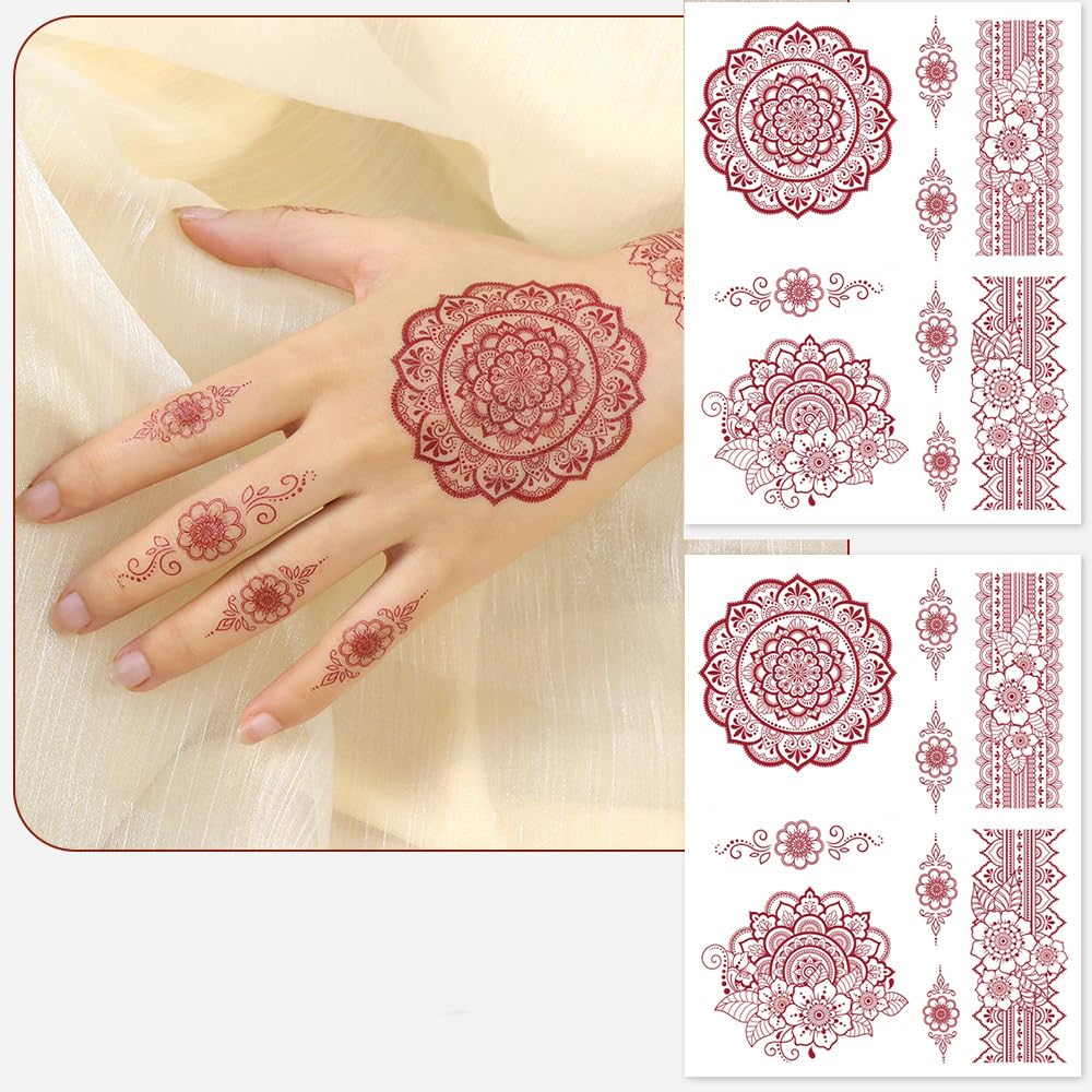 S.A.V.I 2 Sheets - Temporary Mehndi Tattoo Stickers for Hands (16x12 cm) | Red Henna Style | Waterproof, Non-Toxic | Mandala & Floral Design for Women & Girls | Festival & Bridal Use (#43)