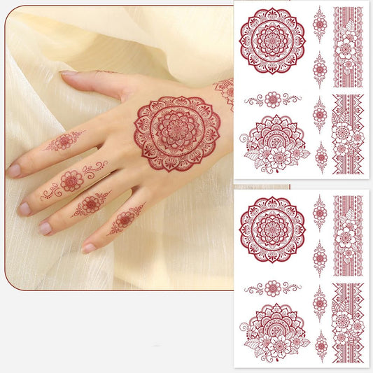 S.A.V.I 2 Sheets - Temporary Mehndi Tattoo Stickers for Hands (16x12 cm) | Red Henna Style | Waterproof, Non-Toxic | Mandala & Floral Design for Women & Girls | Festival & Bridal Use (#43)