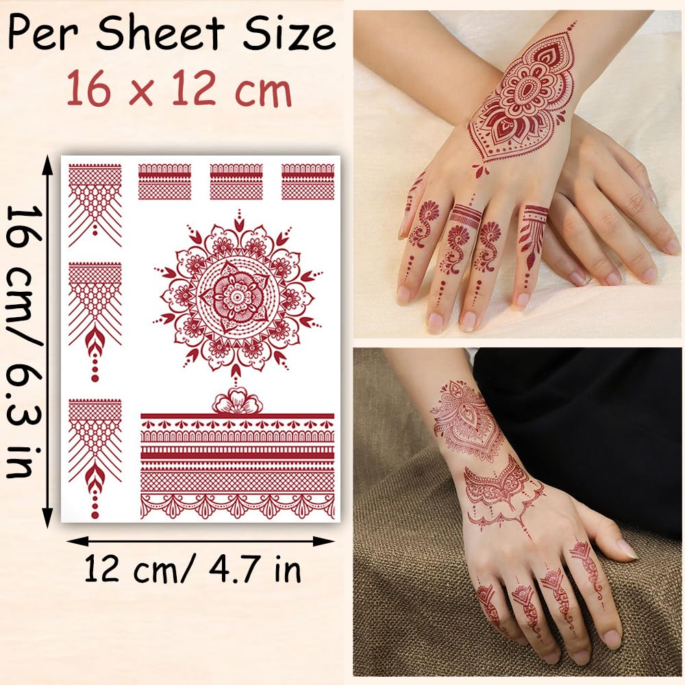 S.A.V.I 2 Sheets - Red Mehndi Style Temporary Tattoo Stickers for Women & Girls (16x12cm) | Floral Net Design | Waterproof, Safe, Non-Toxic Body Art for Hands – Easy to Apply & Remove (#62)