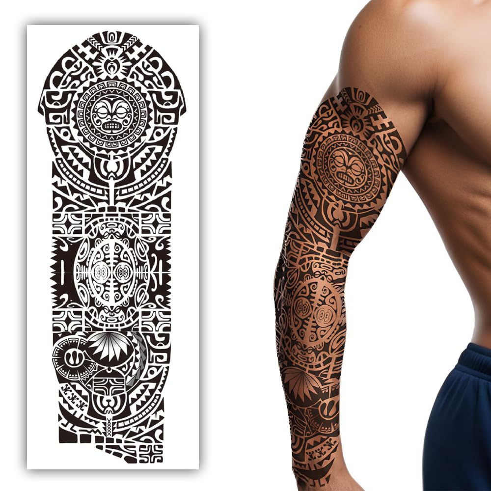 S.A.V.I Tribal Full Arm Temporary Tattoo for Men (48x17cm) – Waterproof, Black Realistic Design – Safe, Non-Toxic, Long-Lasting Body Art Sticker for Parties, Festivals, Cosplay & Events