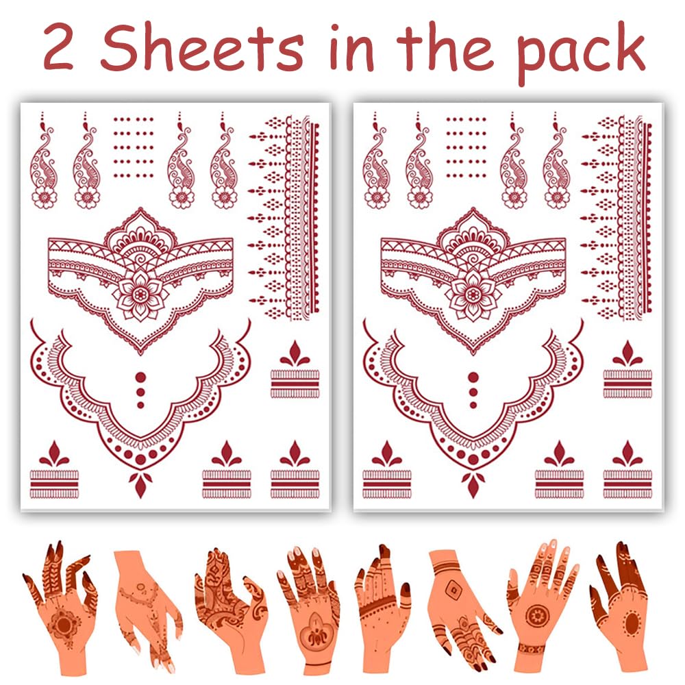 S.A.V.I 2 Sheets - Temporary Mehndi Tattoo Stickers for Hands (16x12 cm) | Red Henna Style | Waterproof, Non-Toxic | Mandala & Floral Design for Women & Girls | Festival & Bridal Use (#45)