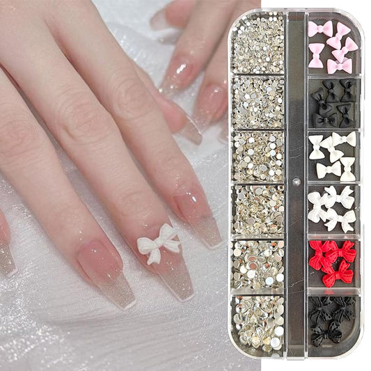 S.A.V.I 3D Bow Nail Art Decoration Kit with Glass Rhinestones – Mixed Colors  Sizes | Flatback White, Red, Black Bows  Clear Crystals | DIY Nail Art, Manicure, Salon Accessories for Stunning Nails