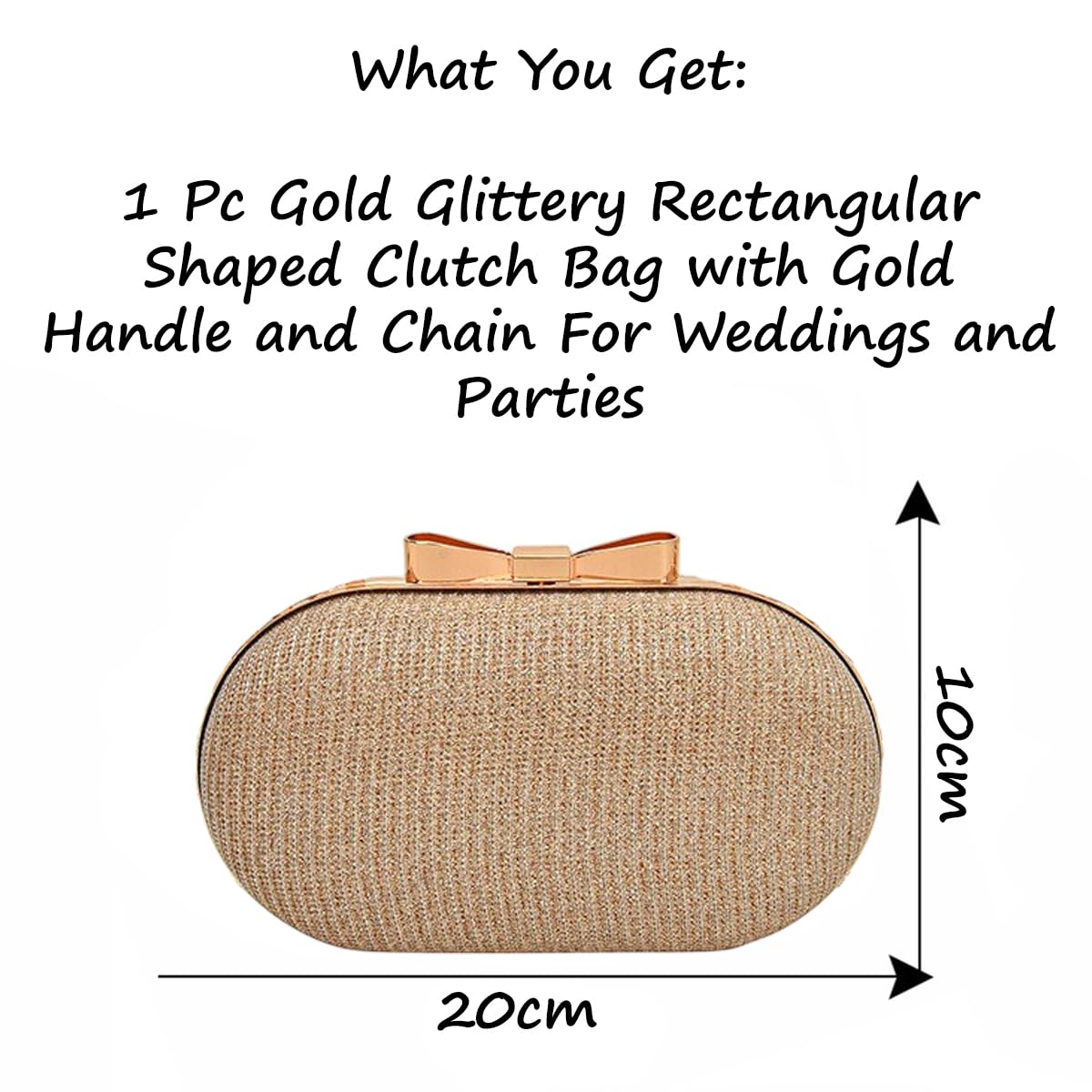 S.A.V.I Women’s Gold Glitter Clutch Bag – Oval Hard Case Evening Purse with Chain & Bow Design, Party & Wedding Handbag (Gold)