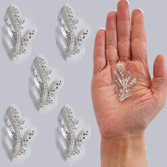 S.A.V.I 5PCs 3D Silver Sequin  Bead Embroidered Leaf Applique Patches | White Mesh Lace Fabric for DIY Dresses, Bridal Wear, Lehenga, Saree, Blouse, Gown  Craft Sewing Accessory (2x0.8 inch)