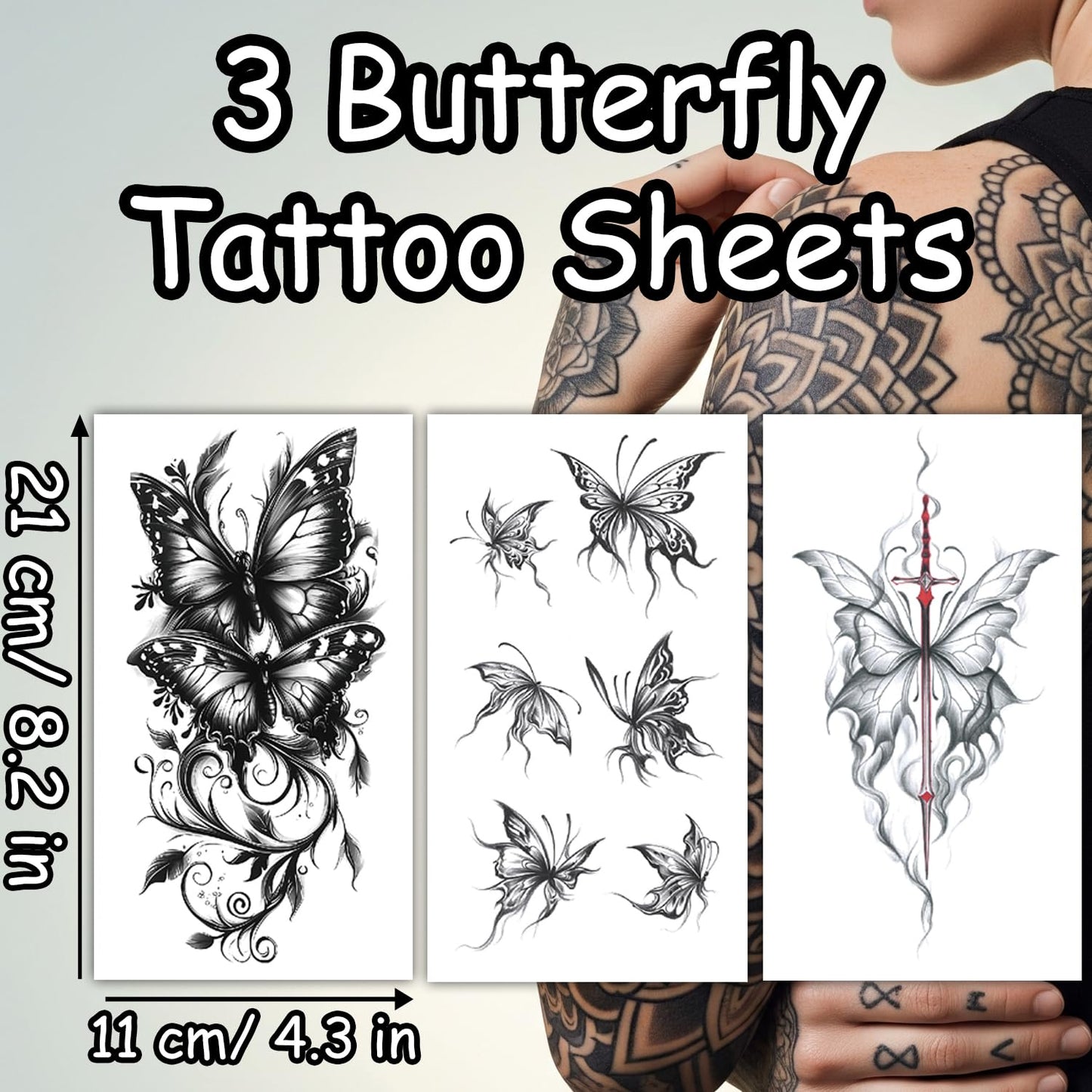 S.A.V.I Butterfly Temporary Tattoos for Women & Girls – 3 Large Sheets (21x11cm) | Black & Red Waterproof Arm Body Art Stickers | Safe, Non-Toxic, Long-Lasting Tattoo Designs (Butterflies-1)