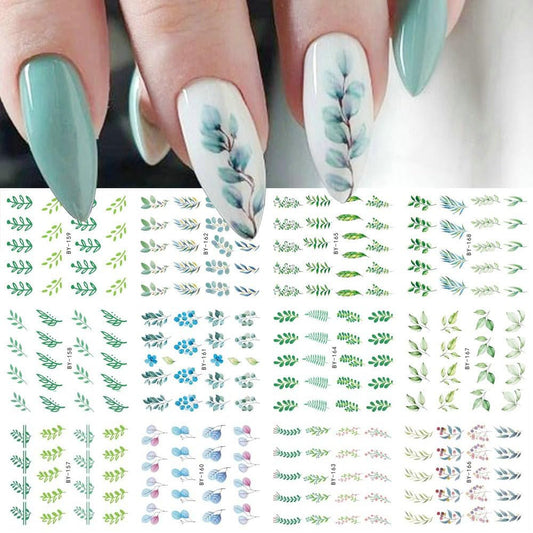 S.A.V.I Floral Nail Decals - 12 Green Plant Designs, Water Transfer Nail Art Stickers