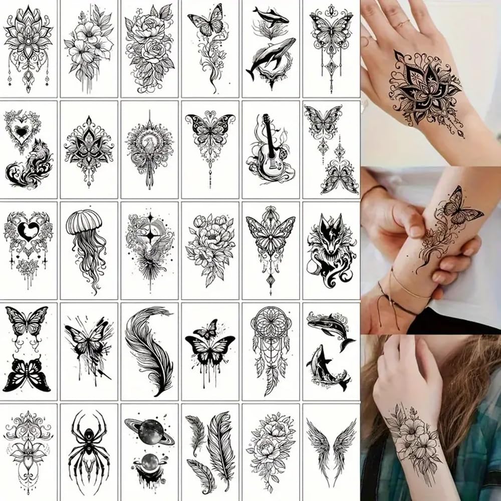 S.A.V.I 30 Pcs Black Temporary Tattoo Stickers for Women & Girls – Safe Non-Toxic Floral, Butterfly, Feather, Tribal, Wolf & Spider Designs – Waterproof Long-Lasting Body Art for Arm, Wrist, Shoulder (11)