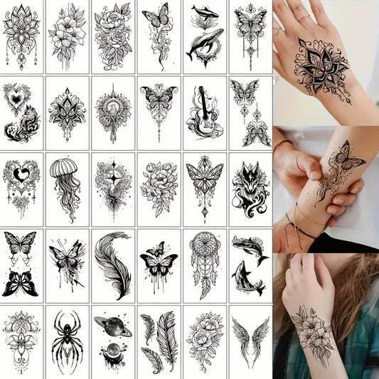 S.A.V.I 30 Pcs Black Temporary Tattoo Stickers for Women & Girls – Safe Non-Toxic Floral, Butterfly, Feather, Tribal, Wolf & Spider Designs – Waterproof Long-Lasting Body Art for Arm, Wrist, Shoulder (11)