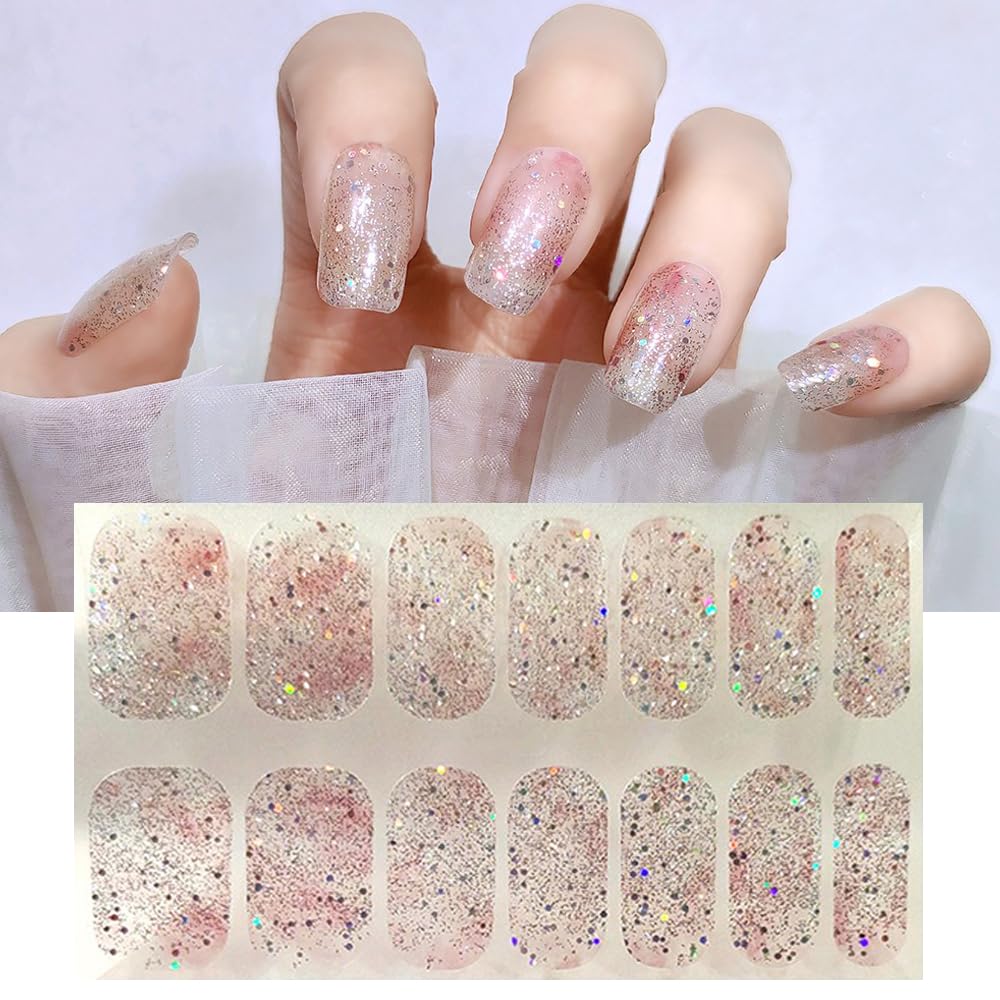 S.A.V.I Nail Stickers 14 PCS - Pink  Silver Glitter Ombre Gel Effect, Self-Adhesive, Easy Application