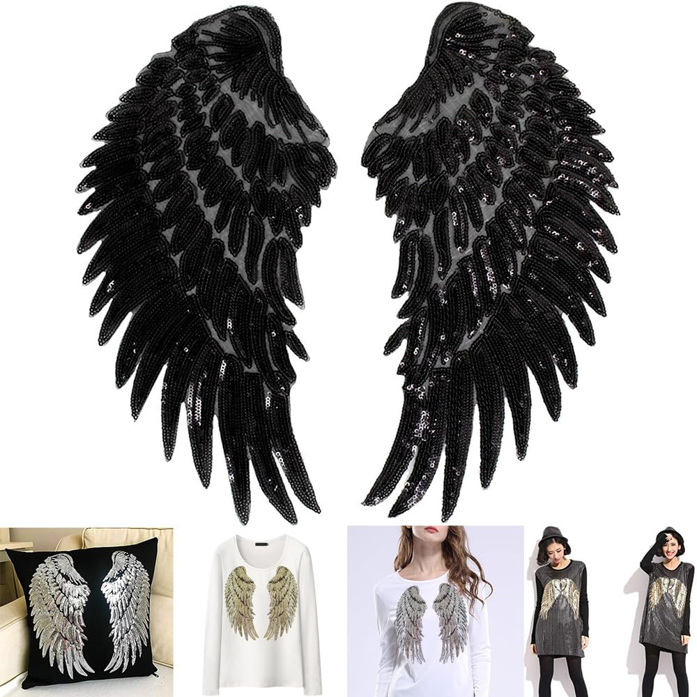 S.A.V.I 1 Pair Large Sequin Angel Wings Iron-On Patch | DIY Applique for T-Shirts, Jeans, Backpacks, Pillows | Washable Heat Transfer Sticker | Fashion  Craft Projects (Black)