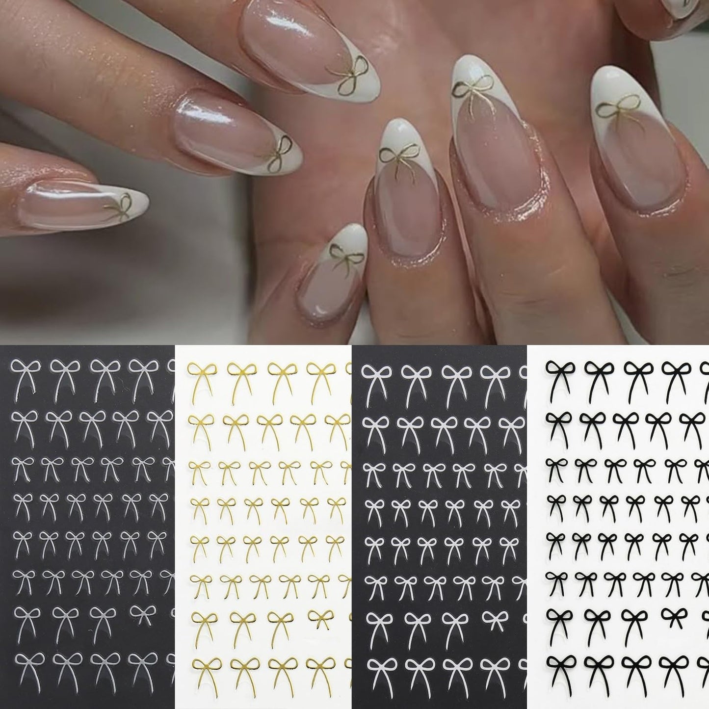 S.A.V.I 4 Sheets Bow Nail Art Stickers for Women – Self-Adhesive DIY Manicure Decals in Black, White, Gold & Silver | Elegant Thin Ribbon Design for Nail Decoration & Extensions (8x10.5cm)