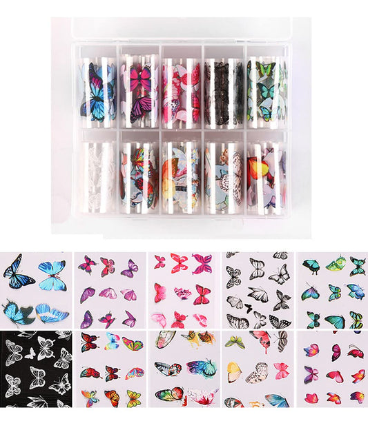S.A.V.I 10 Rolls Nail Foil Transfer Sticker DIY Holographic Nail Decoration, 10 Butterfly Designs, 4x50CM each roll