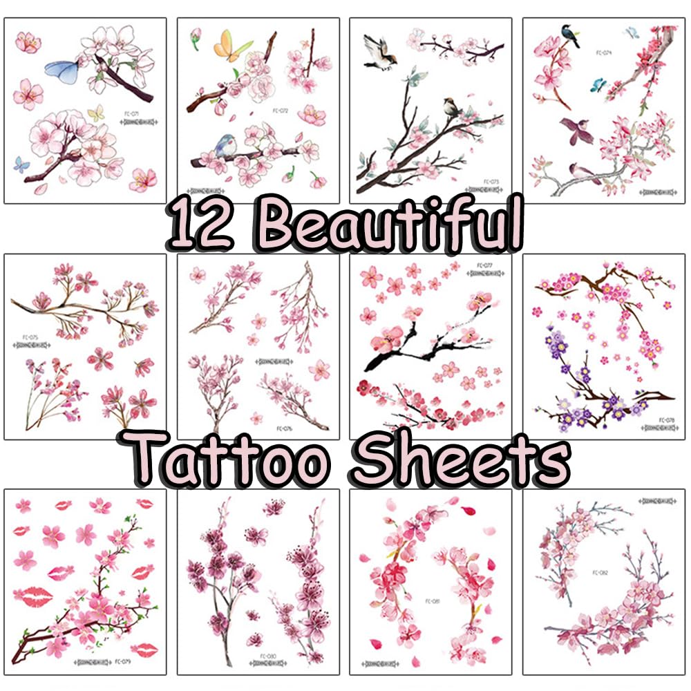 S.A.V.I 12 Pcs Cherry Blossom Temporary Tattoos for Women & Girls | 4.7x4.1 inch Floral Body Art | Safe Non-Toxic Waterproof Design for Shoulder, Neck, Arm | Easy to Apply & Remove (2)