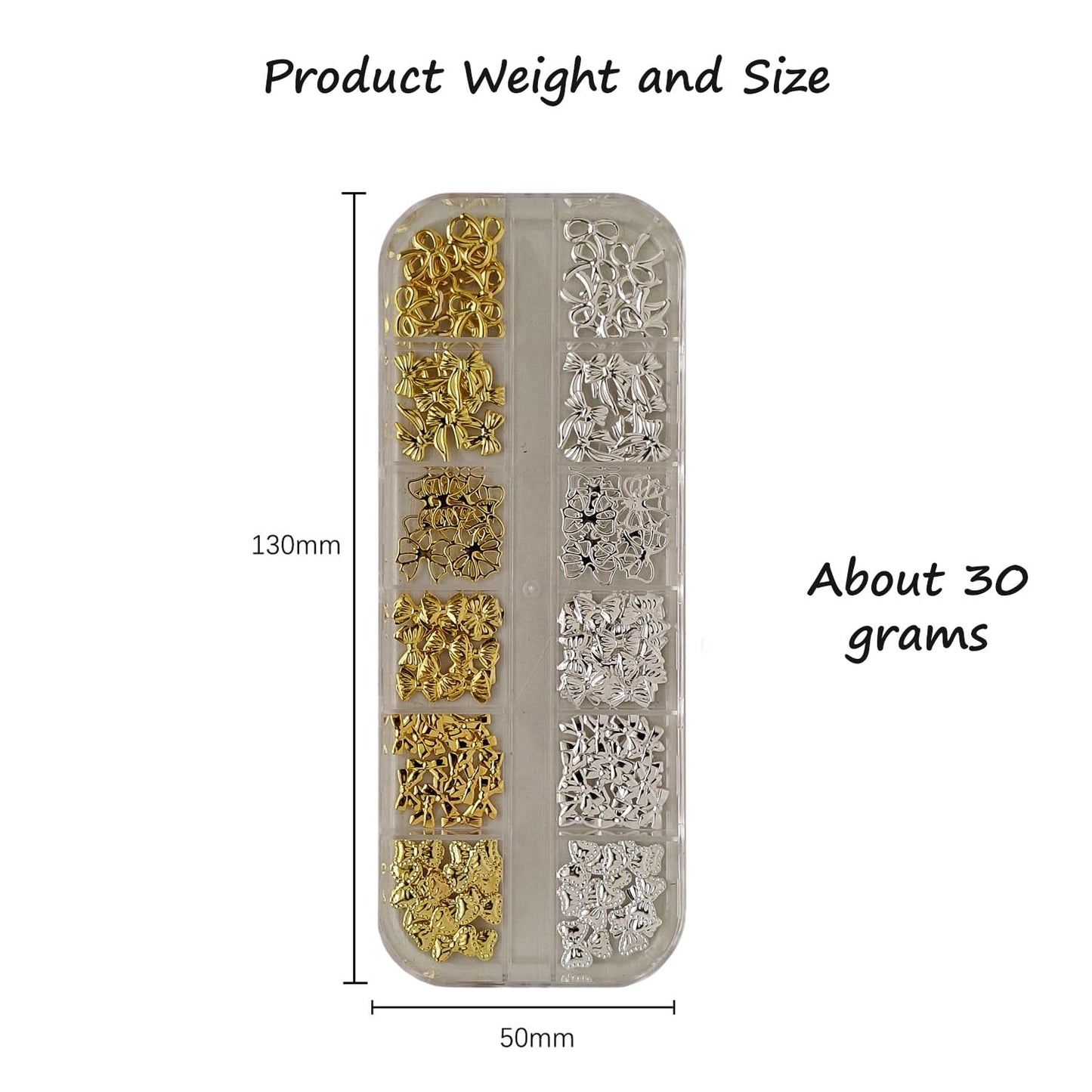 S.A.V.I Bow Nail Art Charms Set – 3D Gold & Silver Metal Bows for Nails | 12 Unique Styles | Nail Accessories for DIY Nail Art, Acrylic, Gel Manicure | 130mm Box, 30g Kit