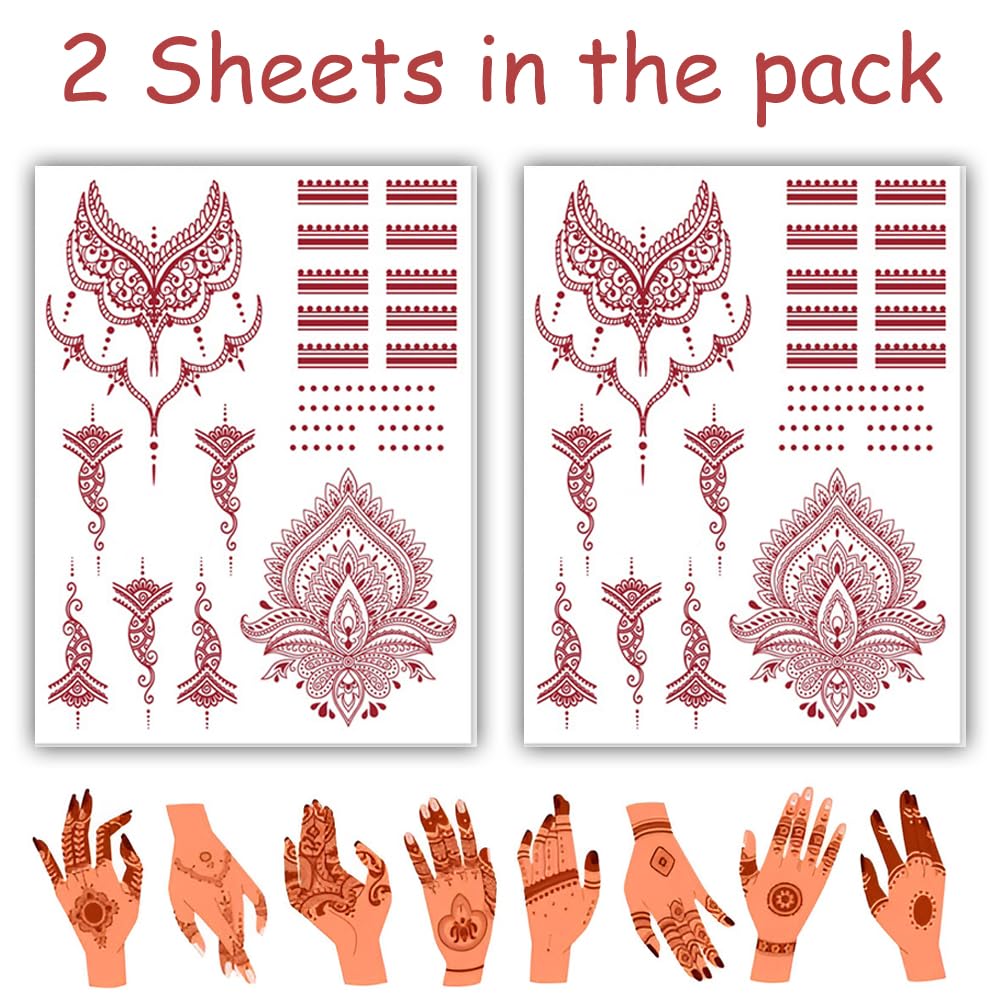 S.A.V.I 2 Sheets - Temporary Mehndi Tattoo Stickers for Hands (16x12 cm) | Red Henna Style | Waterproof, Non-Toxic | Mandala & Floral Design for Women & Girls | Festival & Bridal Use (#46)