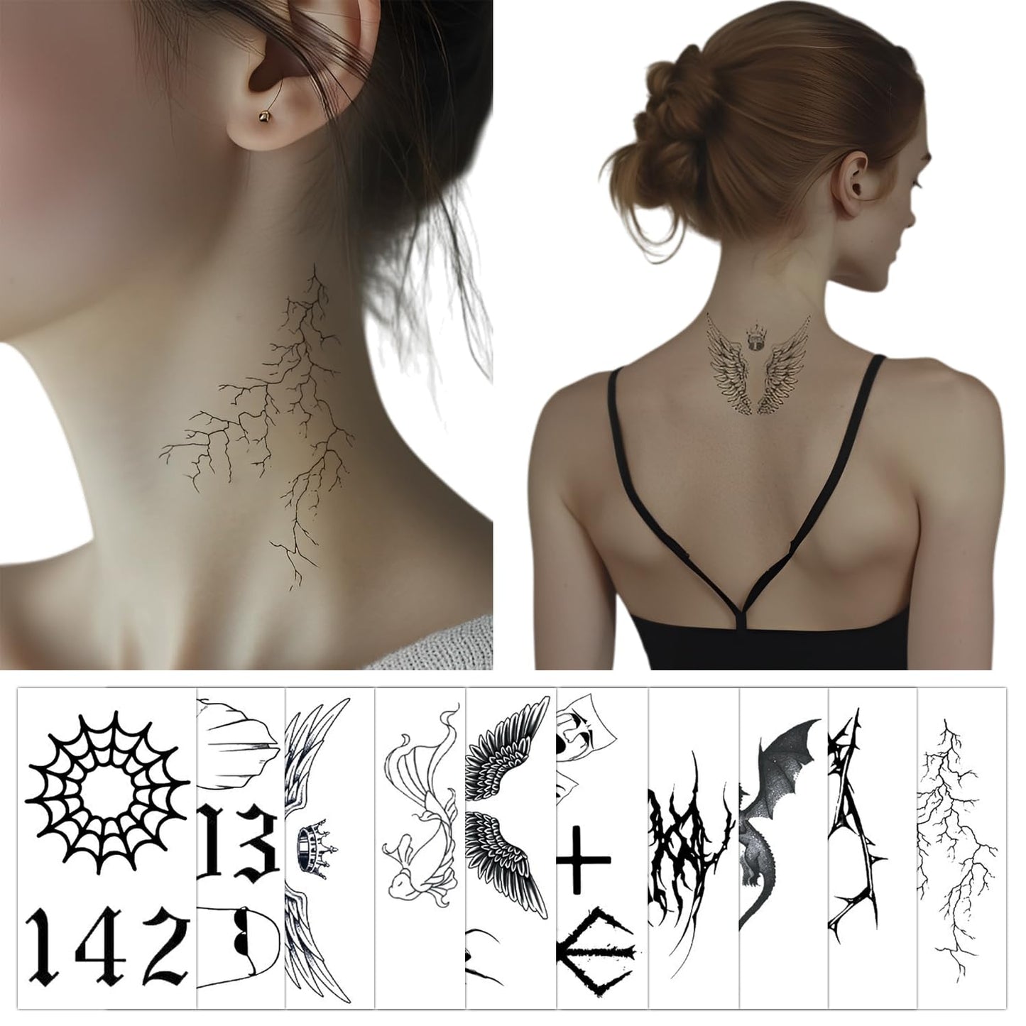 S.A.V.I 10 Sheets Black Temporary Tattoo Stickers for Men & Women – Waterproof, Non-Toxic, Easy to Apply & Remove Body Art – Dragon, Wings, Spider, Ghost Designs (12x6.8cm Each)