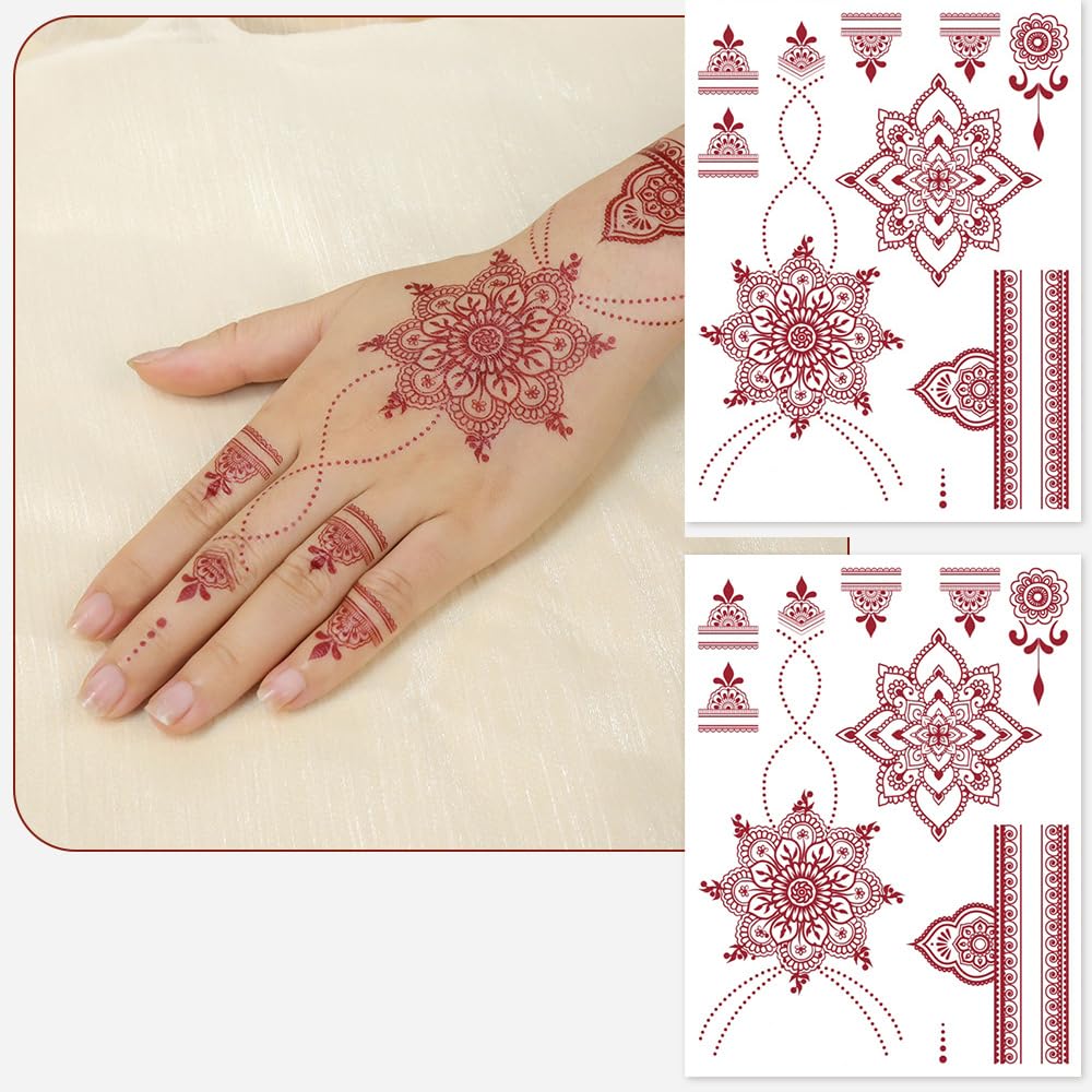 S.A.V.I 2 Sheets - Temporary Mehndi Tattoo Stickers for Hands (16x12 cm) | Red Henna Style | Waterproof, Non-Toxic | Mandala & Floral Design for Women & Girls | Festival & Bridal Use (#44)