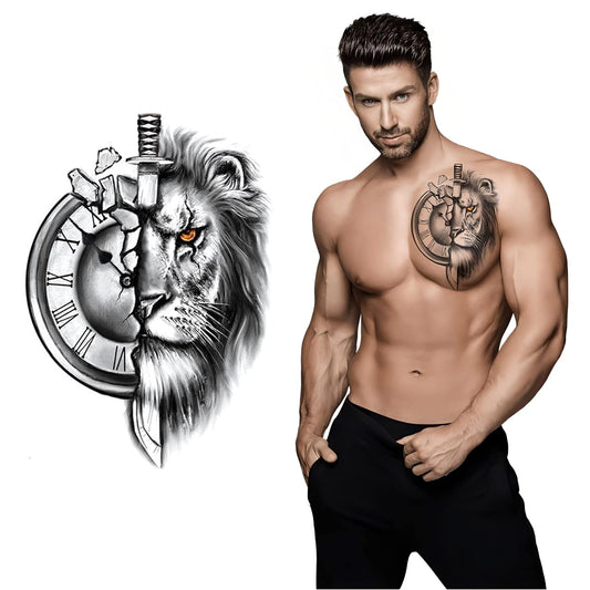 S.A.V.I Waterproof Temporary Tattoos for Men and Women - Half Lion Face Half Clock with Dagger Sword Design