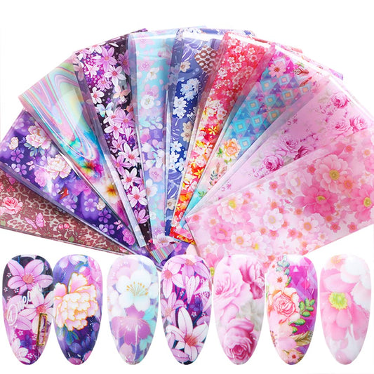 S.A.V.I 10 Sheets Flowers Nail Foil Transfer Sticker DIY Holographic Colorful Nail Decoration